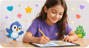 Criança desenhando com personagens coloridos