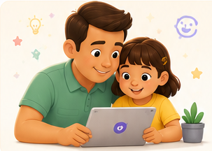 Pai acompanhando uma criança usando um tablet